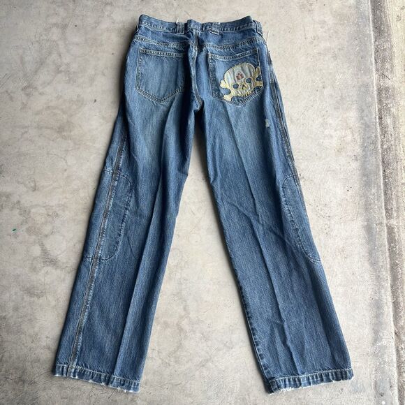 Icon Strongarm 2 Mens 34 Skull Blue Denim Double Knee Engineer straight Jeans - Picture 1 of 3